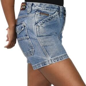 Vintage No Excuses Jean Short Blue Cargo Pocket Thigh Length Cotton Rigid Size 8